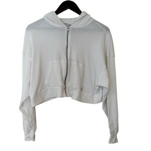 TNA Womans Size 2 White Full Zip Cropped Long Sleeve Hooded Waffle Knit Sweater